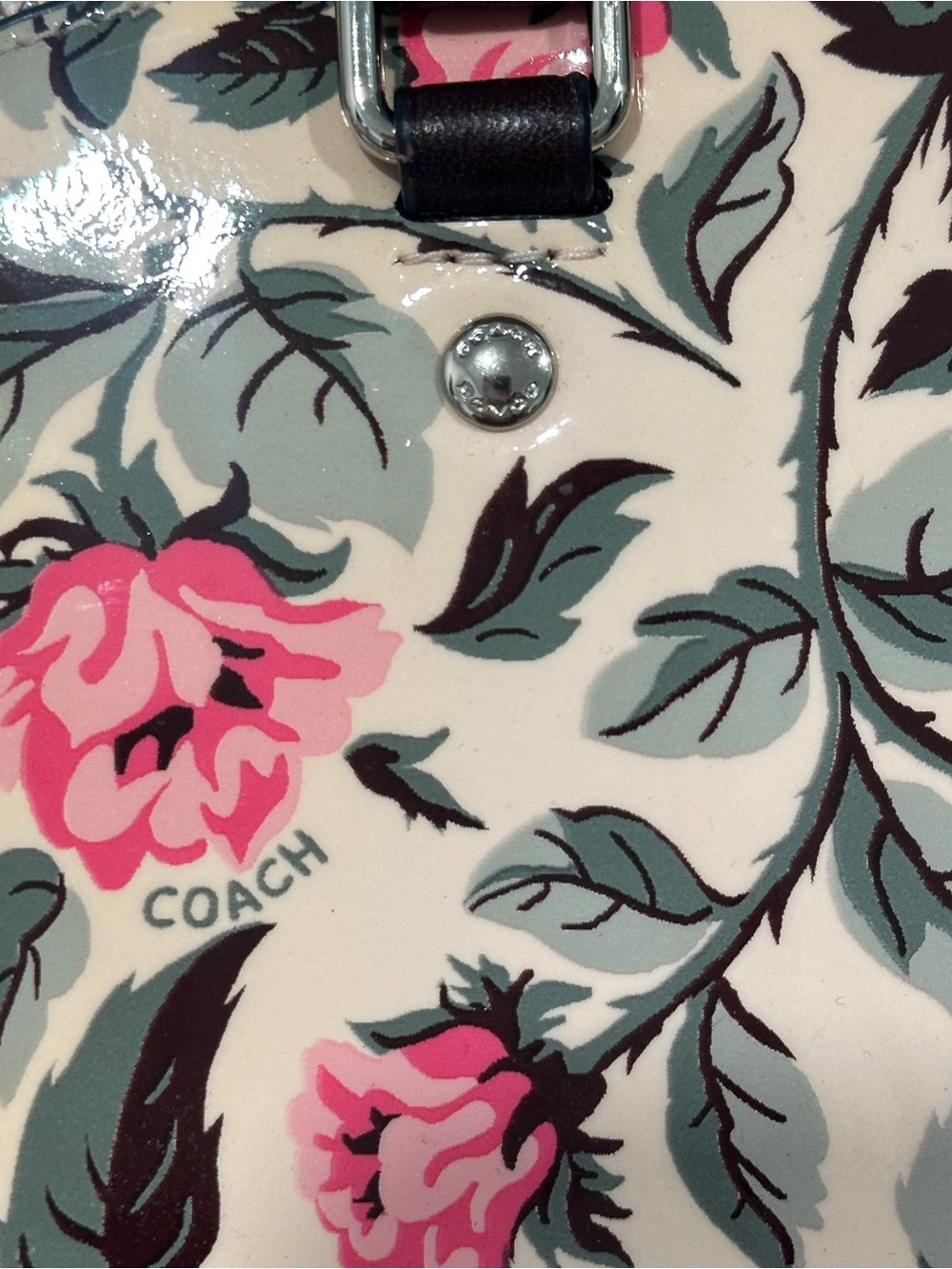 Coach Cream Floral Dome Satchel with Pink Roses and Brown Trim Patent & Leather - Picture 4 of 16